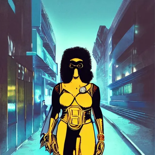 Prompt: afrofuturist woman in a crowded street wearing gold jewelry and a mask that covers the whole face, simple, cyberpunk, far shot, full body shot, 1970s X-Men art style