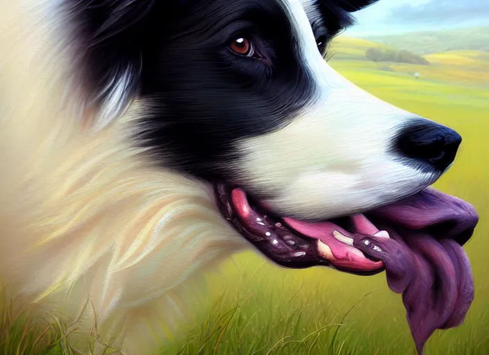 Image similar to close up painting of a border collie kissing a sheep in a pasture, beautiful, realistic proportions, highly detailed, scenic background, trending on artstation, art by charlie bowater and henry asencio and and ross tran