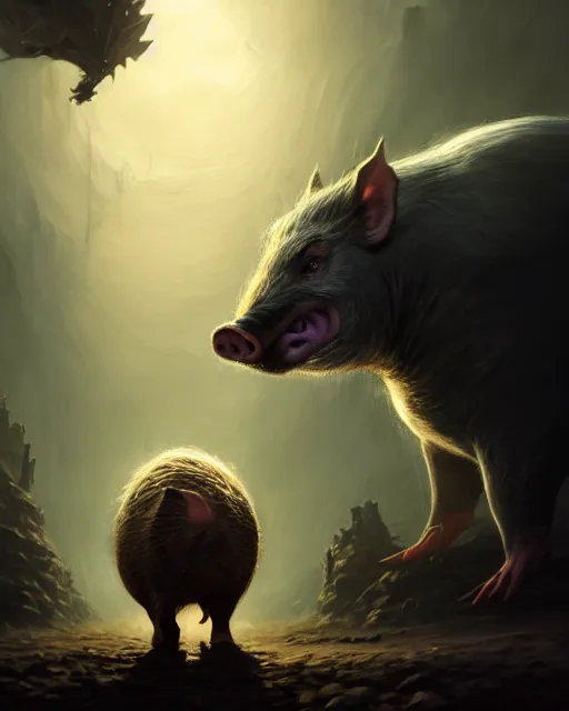 Prompt: Giant Hog looking at mouse, medium shot, fear, D&D, artstation, fantasy, magic the gathering artwork, cinematic lighting, centered, symmetrical, highly detailed, digital painting, , concept art, smooth, sharp focus, illustration, volumetric lighting, epic Composition, 8k, art by Akihiko Yoshida and Greg Rutkowski and Craig Mullins, oil painting, cgsociety