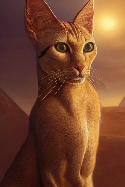 Prompt: bastet, egyptian goddess, ancient egypt, sun in the background, portrait, majestic, close - up profile, studio lighting, intricate details, realistic by wlop and ross tran and greg rutkowski, colorful