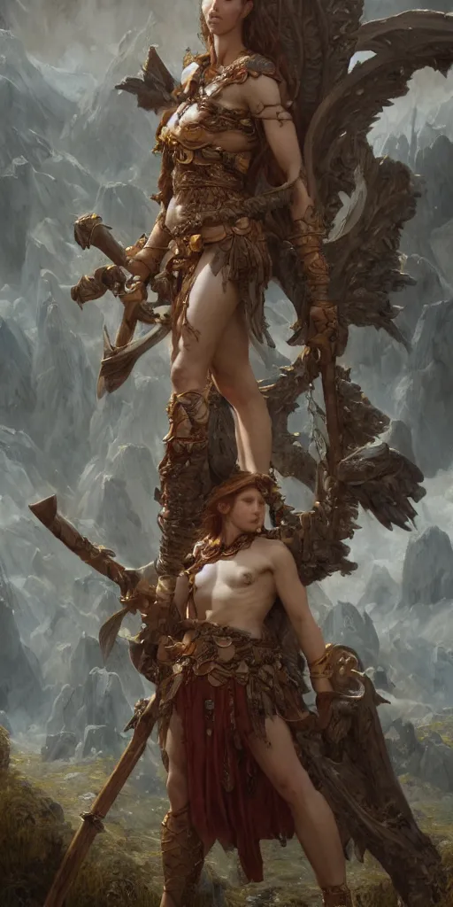 Image similar to a barbarian, beautiful fantasy maiden, dungeons and dragons, masterpiece by edgar maxence and ross tran and michael whelan, gustav dore, 8 k, octane render