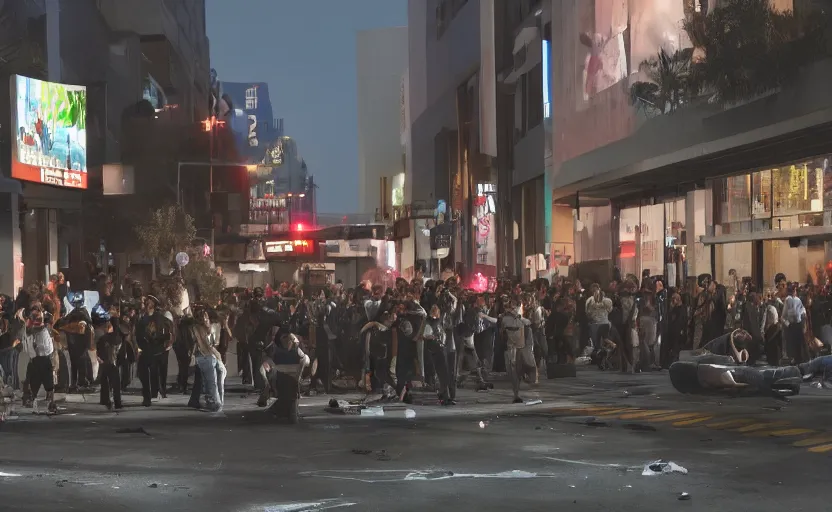 Image similar to crowd of crazy people with placards attacking cops in front of stores in los angeles with light screens all over the street, photorealism, art for the game, professional lighting, night lighting from streetlights, japanese chill photo, concept art