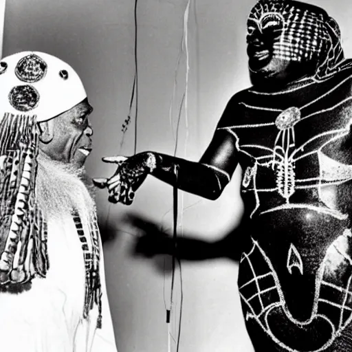 Prompt: sun ra shaking hands with a giant humanoid hairy spider