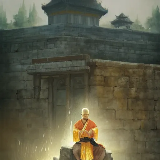 Prompt: A wise swordsman sitting meditating on a stone of a shaolin temple mount with a waterfall behind, artstation, Greg rutkowski, cinematic, digital Art