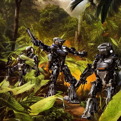 Image similar to Ragtag militia fighting advanced humanoid combat robots in a jungle in 2020, combat photography by Feng Zhu, highly detailed, excellent composition, cinematic concept art, dramatic lighting, trending on ArtStation