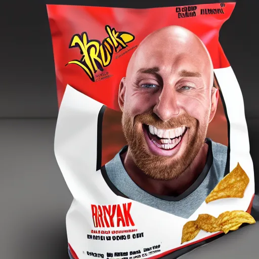 Prompt: Ryback eating a bag of Ryback-branded chips with Ryback's face on the bag, photorealistic, rendered in octane, rendered in Unreal engine, 4k, ultra hd, award-winning