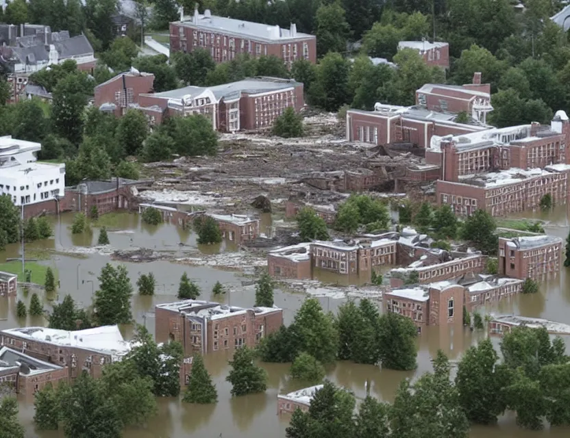 Prompt: the campus of dalhousie university in ruins, and flooded