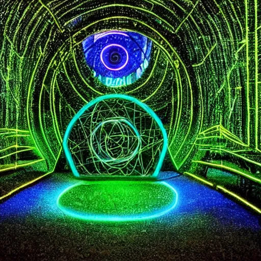 Prompt: a stargate made of neons and glowing runes in the middle of a green forest with a beam of light