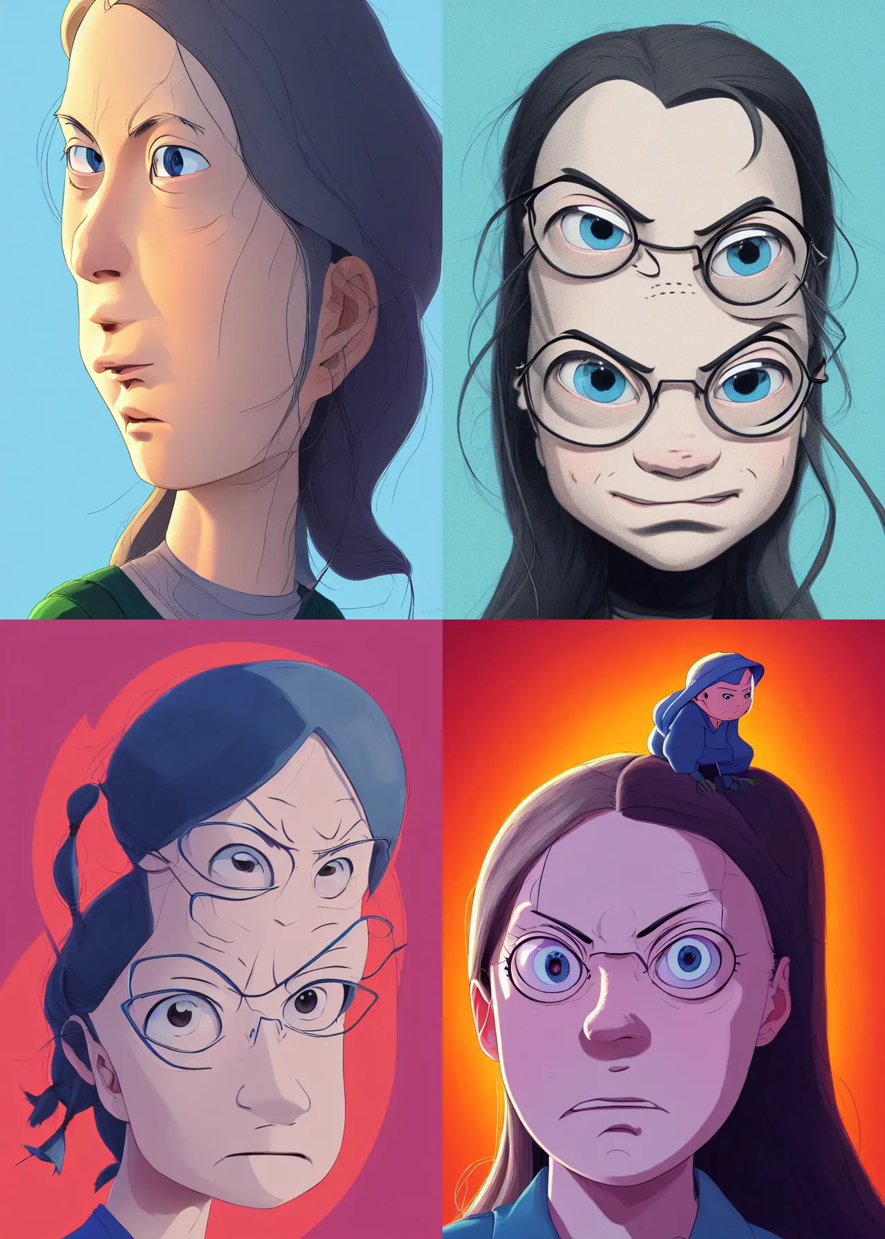 Image similar to centered!! macro head portrait of angry! furious mad disgusted queen greta thunberg, artstation, detailed cartoon, elegant, digital painting, concept art, smooth, sharp focus, illustration, ghibli, makoto shinkai, don bluth, fujita goro, jean giraud, akihiko yoshida, tom whalen 8 k