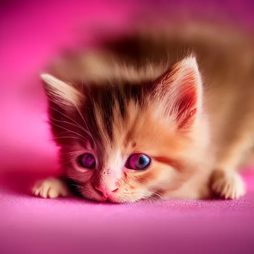 Image similar to Beautiful pink fluffy kitten, background golden cosic nebular dreamlike Photography, First-Person, Full-HD, Natural Lighting