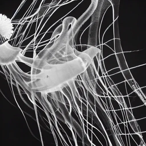 Prompt: A photogram from The First Video of an Extremely Rare Jellyfish Captures Its Striped Tentacles and Spotted, Pulsing Body, HDR, Hyper detailed