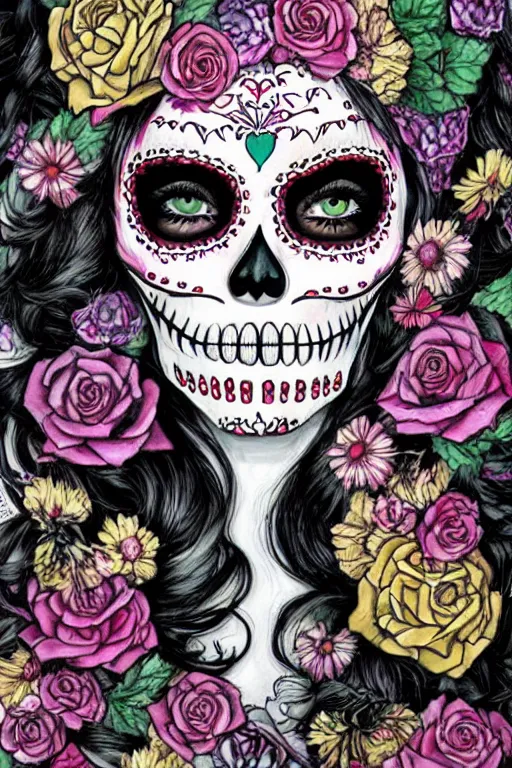 Image similar to Illustration of a sugar skull day of the dead girl, art by ayami kojima