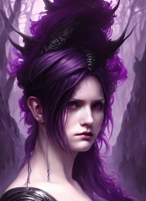 Image similar to side portrait dark witch, adventurer outfit large cloak, fantasy forest landscape, dragon scales, fantasy magic, undercut hairstyle, short purple black fade hair, dark light night, intricate, elegant, sharp focus, illustration, highly detailed, digital painting, concept art, matte, art by WLOP and Artgerm and Greg Rutkowski and Alphonse Mucha, masterpiece