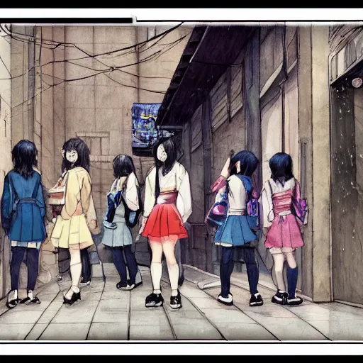 Image similar to a perfect, realistic professional digital sketch of a Japanese schoolgirls posing in a postcyberpunk alleyway, style of Marvel, full length, by pen and watercolor, by a professional American senior artist on ArtStation, a high-quality hollywood-style sketch, on high-quality paper