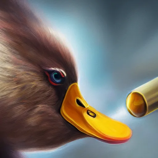 Image similar to duck drinks energy napiokmonstr energy, concept art, wlop, digital painting, trending on artstation, highly detailed, epic composition, official media, 8 k uhd