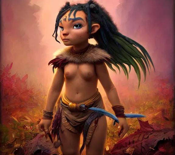 Prompt: epic fantasy comic book style portrait painting of an extremely cute and adorable very beautiful junglepunk feral halfling na'vi from avatar covered in leaves, character design by mark ryden and pixar and hayao miyazaki, unreal 5, daz, hyperrealistic, octane render, cosplay, rpg portrait, dynamic lighting, intricate detail, fall vibrancy, cinematic