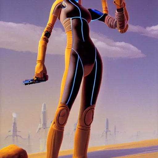 Image similar to woman integrating with technology, full body, abundent wiring and implants, sci-fi, highly detailed, Ralph McQuarrie and Peter Kemp