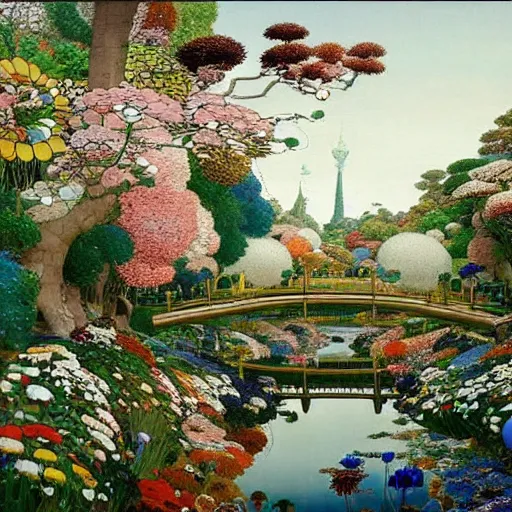 Prompt: mysterious garden : : painting by takashi murakami : : painting by caspar david friedrich : : painting by canaletto