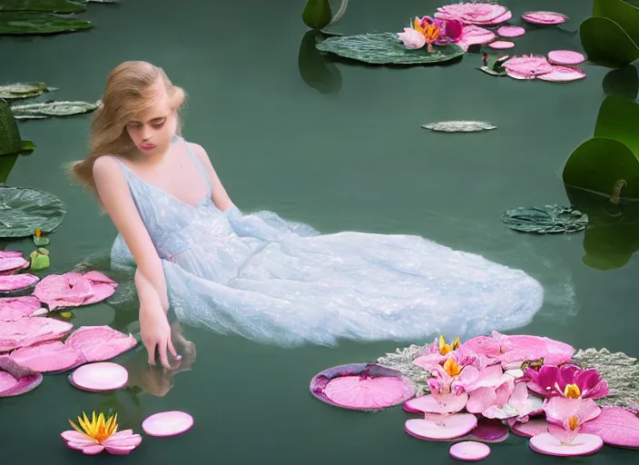 Prompt: Kodak Portra 400, 8K, soft light, volumetric lighting, highly detailed, britt marling style 3/4, photo close-up portrait of extreme beautiful girl floating in water surrounded by lily pads, half face in the water, a beautiful lace dress and hair are intricate with highly detailed realistic beautiful flowers , Realistic, Refined, Highly Detailed, natural outdoor soft pastel lighting colors scheme, outdoor fine art photography, Hyper realistic, photo realistic