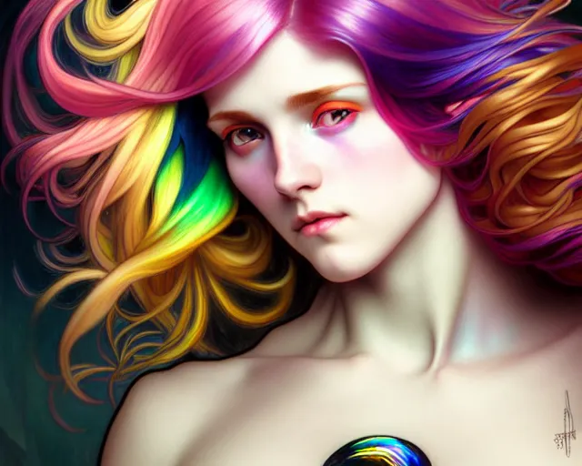 Prompt: overlord, rainbow hair, portrait, highly detailed, deep focus, elegant, digital painting, smooth, sharp focus, illustration, ultra realistic, 8 k, art by artgerm and alphonse mucha and edgar maxence