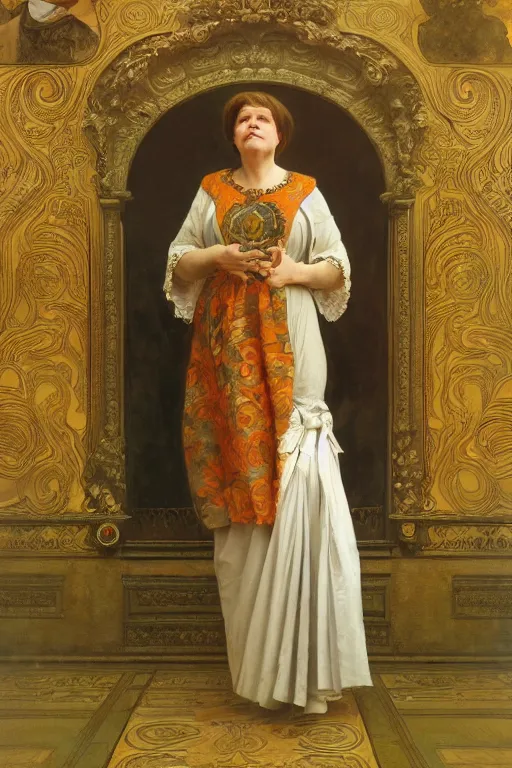 Image similar to angela merkel, Ilya repin, alphonse mucha, and Edmund Blair Leighton A meaningful painting in an symbolist style, oil on canvas, baroque, beautiful lighting, trending on Artstation, Highly detailed