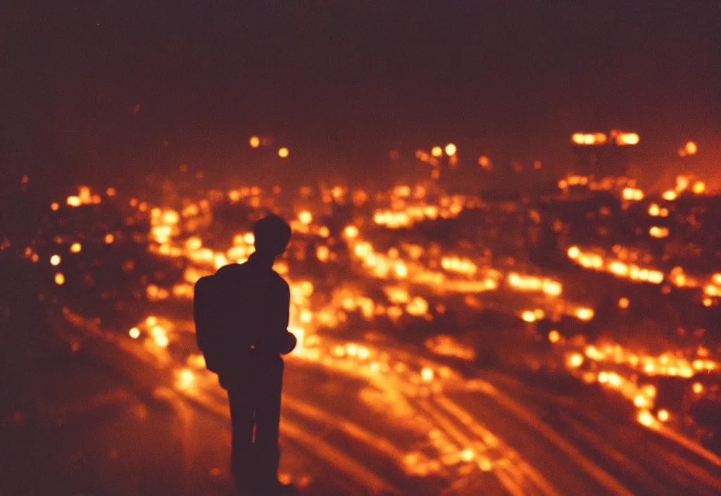 Image similar to lomo photo of a man standing on top of a burning bridge, cinestill, bokeh, out of focus, night, dramatic lighting