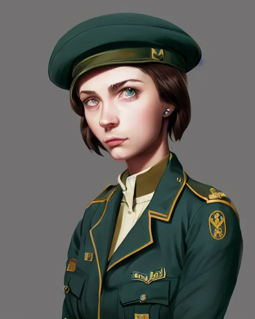 Image similar to portrait bust of young woman with shoulder length light brown hair and hazel eyes dressed in a sharp dark teal military uniform and beret, anime, ilya kuvshinov, greg rutkowski, ross tran, concept art, digital painting