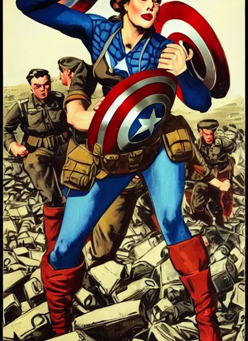 Prompt: beautiful female captain america standing on a pile of defeated german soldiers. feminist captain america wins wwii. american wwii propaganda poster by james gurney. gorgeous face. braided hair. overwatch