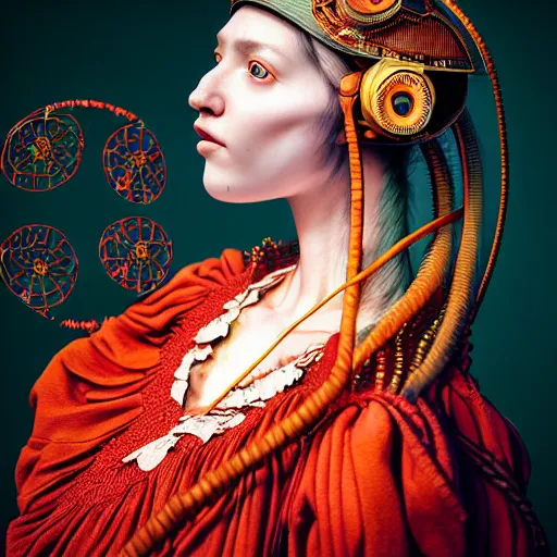 Prompt: Vibrant aesthetic Caravaggio style full body Photography of Highly detailed beautiful Woman with 1000 years detailed face and wearing detailed Ukrainian folk costume also wearing highly detailed retrofuturistic sci-fi Neural interface designed by Hiromasa Ogura . Many details In style of Josan Gonzalez and Mike Winkelmann and andgreg rutkowski and alphonse muchaand and Caspar David Friedrich and Stephen Hickman and James Gurney and Hiromasa Ogura. Rendered in Blender and Octane Render volumetric natural light