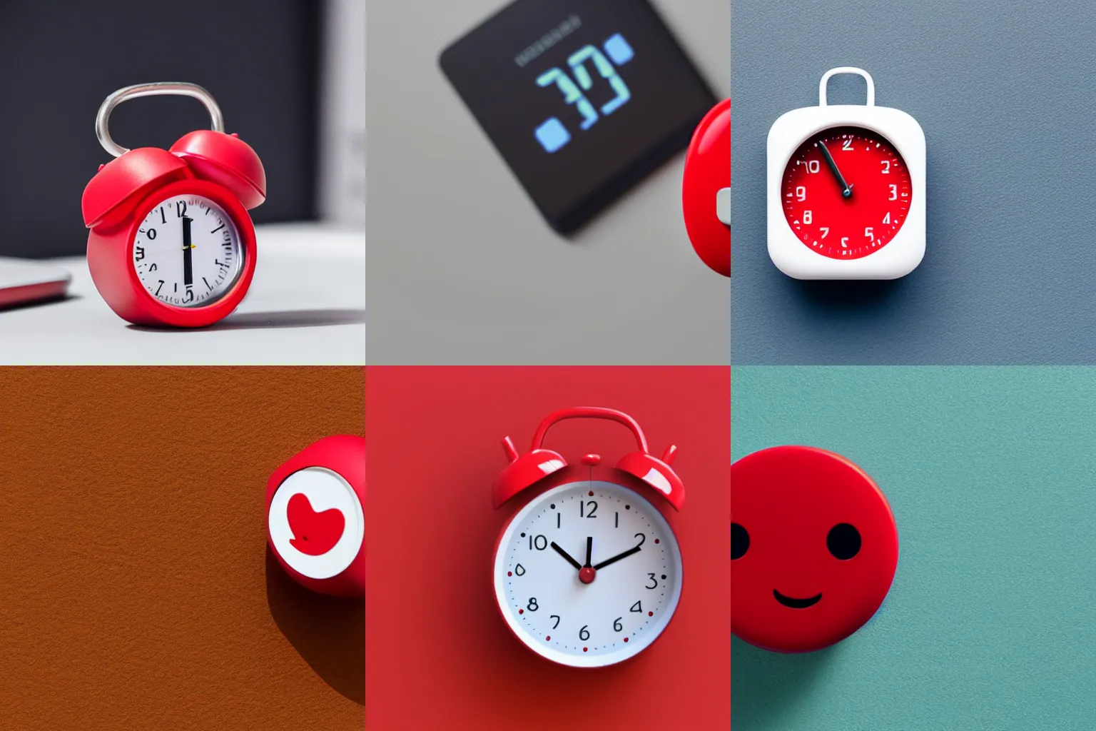 Image similar to Very tiny red alarm clock that looks like the iOS emoji and has the same colors, 3D clay render, 4k UHD, white background, isometric top down left view, diffuse lighting, zoomed out very far