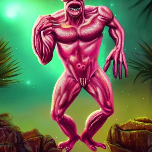 Prompt: glittery saturated pink muscular cyclops creature monster with sparkles photo 4k