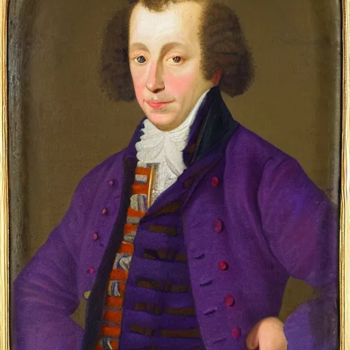 Prompt: A portrait of a man with an open laptop for a head, wearing a tweed backpack and purple velvet suit, 18th century oil painting