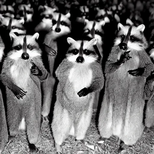 Prompt: vintage disposable camera photo, a group of raccoons wearing dark cult robes look towards the camera in surprise and anger as they perform a dark occult evil ceremony inside the secret lair of an underground mystery cult, dramatic candlelight, ultra - detailed, photorealistic, 4 k