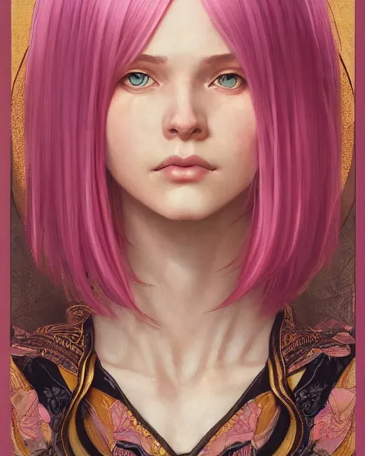 Image similar to portrait of a half elf woman with pink layered bob haircut, intricate, elegant, highly detailed, digital painting, artstation, concept art, smooth, sharp focus, illustration, art by artgerm and greg rutkowski and alphonse mucha and uang guangjian and gil elvgren and sachin teng and wlop, symmetry