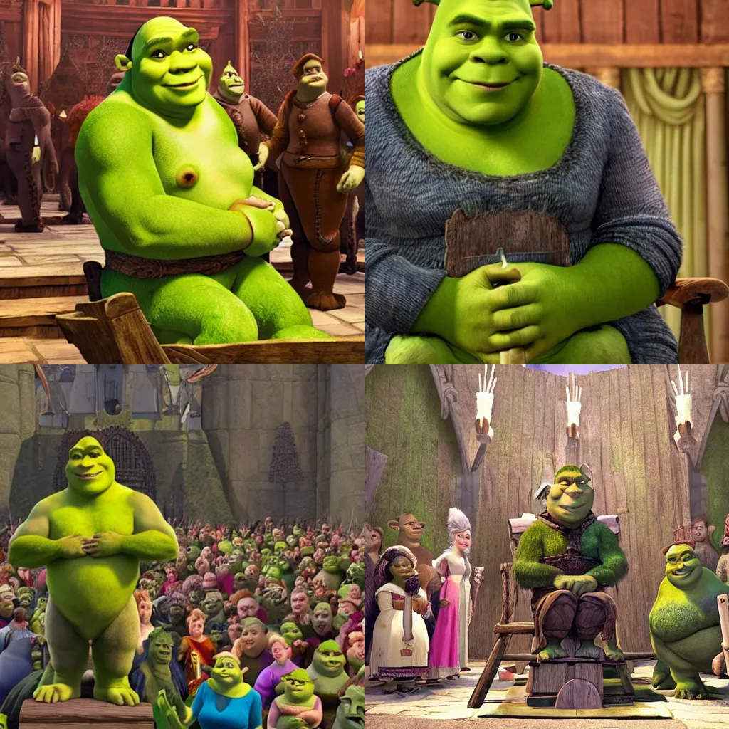 Prompt: shrek sitting on a throne as the leader of a cult while his worshippers are bowing before him