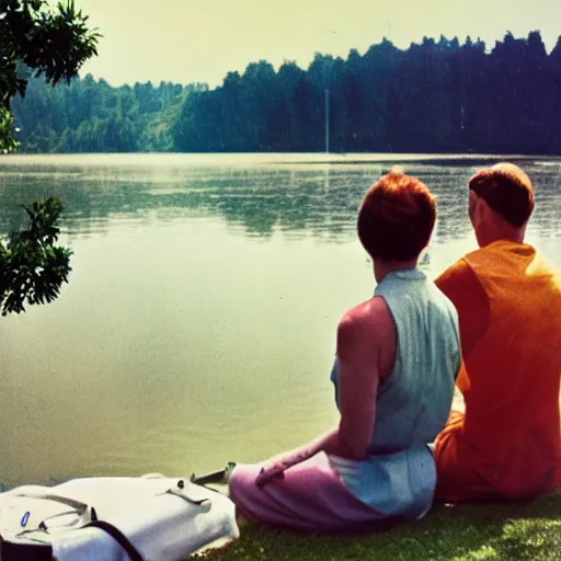 Prompt: color photograph from the sixties of people sitting by a lake in summer looking at a nuclear explosion, faded colors, light leaks