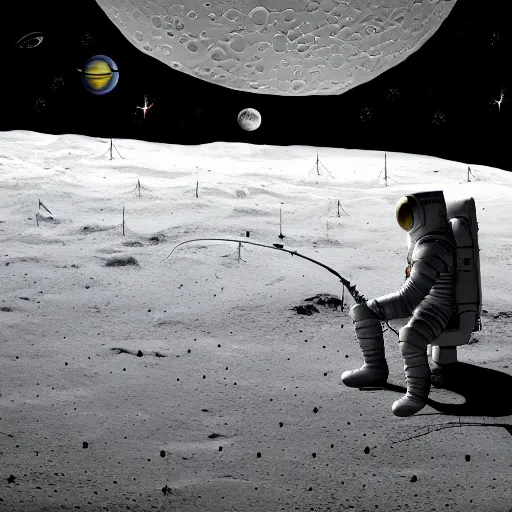 Image similar to a fisherman astronaut fishing on the moon
