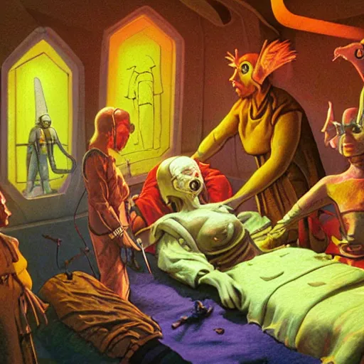 Prompt: medieval extraterrestrial villagers at bedside of severely injured unconscious short - haired blond woman, colorful, dramatic lighting, illustration, fantastic planet, ron cobb, mike mignogna, jim henson creature shop, science fiction, detailed painting, high detail, coherent, rough paper