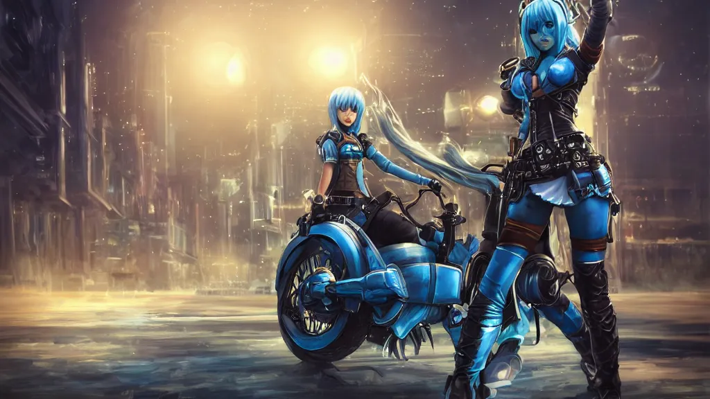 Image similar to cosplay blue haired, solo female character, light armour, miniskirt, riding steampunk motorcycle, in fantasy sci - fi city, night time, city lights, motion blur, final fantasy, cinematic, realistic, stylised, unreal engine, lumen, realistic, artgerm