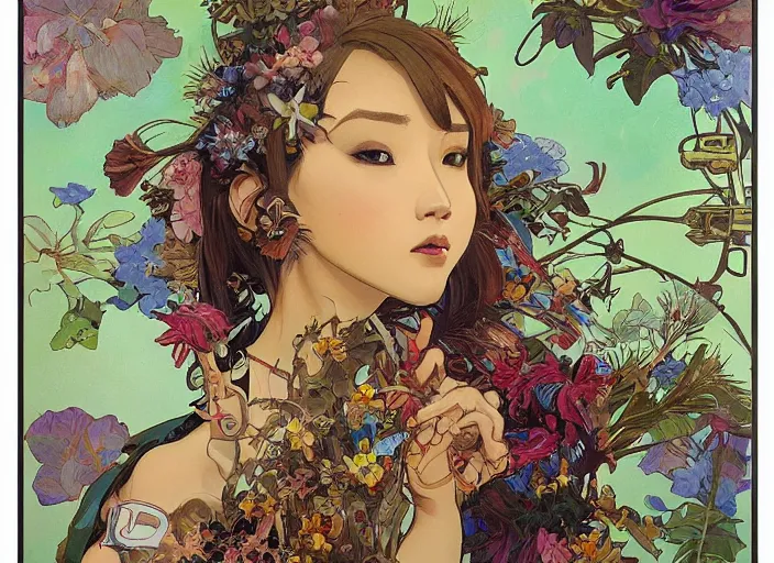 Image similar to oil painting, long shot, beautiful floralpunk iban bio mechanical female illustration detailed patterns art of sarawak traditional dress, flower pop art, floral splash painting, art by ashley wood, alphonse mucha, makoto shinkai, geof darrow, dark shadow