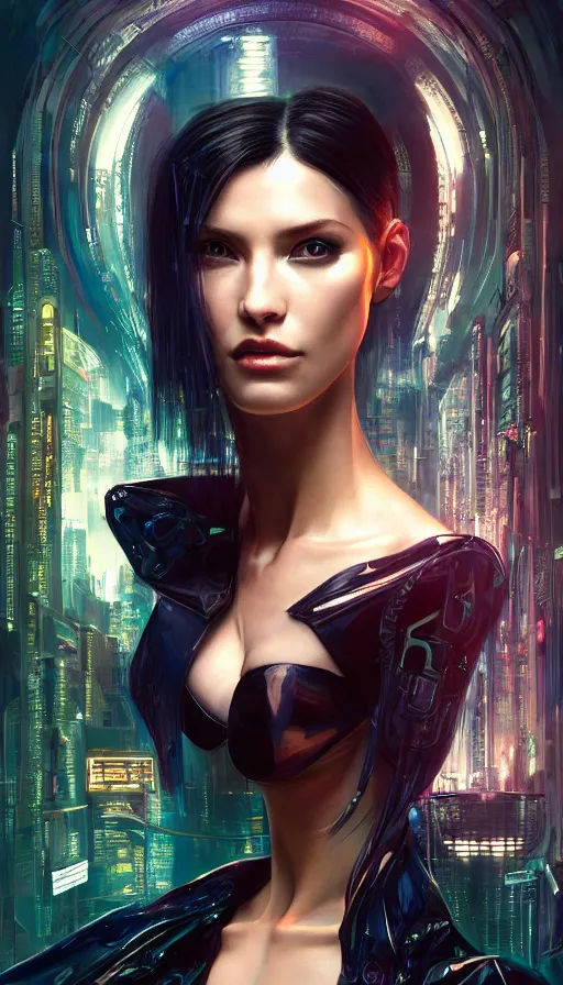 Image similar to cyberpunk, perfectly-centered-Portrait of the most beautiful woman on the planet, bladerunner, high fashion, high heels, insane, intricate, highly detailed, digital painting, artstation, concept art, smooth, sharp focus, illustration, Unreal Engine 5, 8K, art by artgerm and greg rutkowski and alphonse mucha