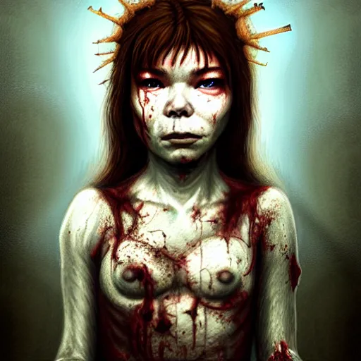 Image similar to head portrait of fresh faced young adult sugarcubes bjork as a zombie, 7 days to die zombie, gritty background, fine art, award winning, intricate, elegant, sharp focus, cinematic lighting, digital painting, 8 k concept art, art by michael hussar, art by brom, art by guweiz and z. w. gu, 8 k