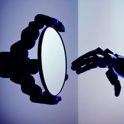 Image similar to humanoid robot using a mirror, human reflection touching the robot's finger through the mirror, dramatic, cinematic, ultra - detailed, 8 k,