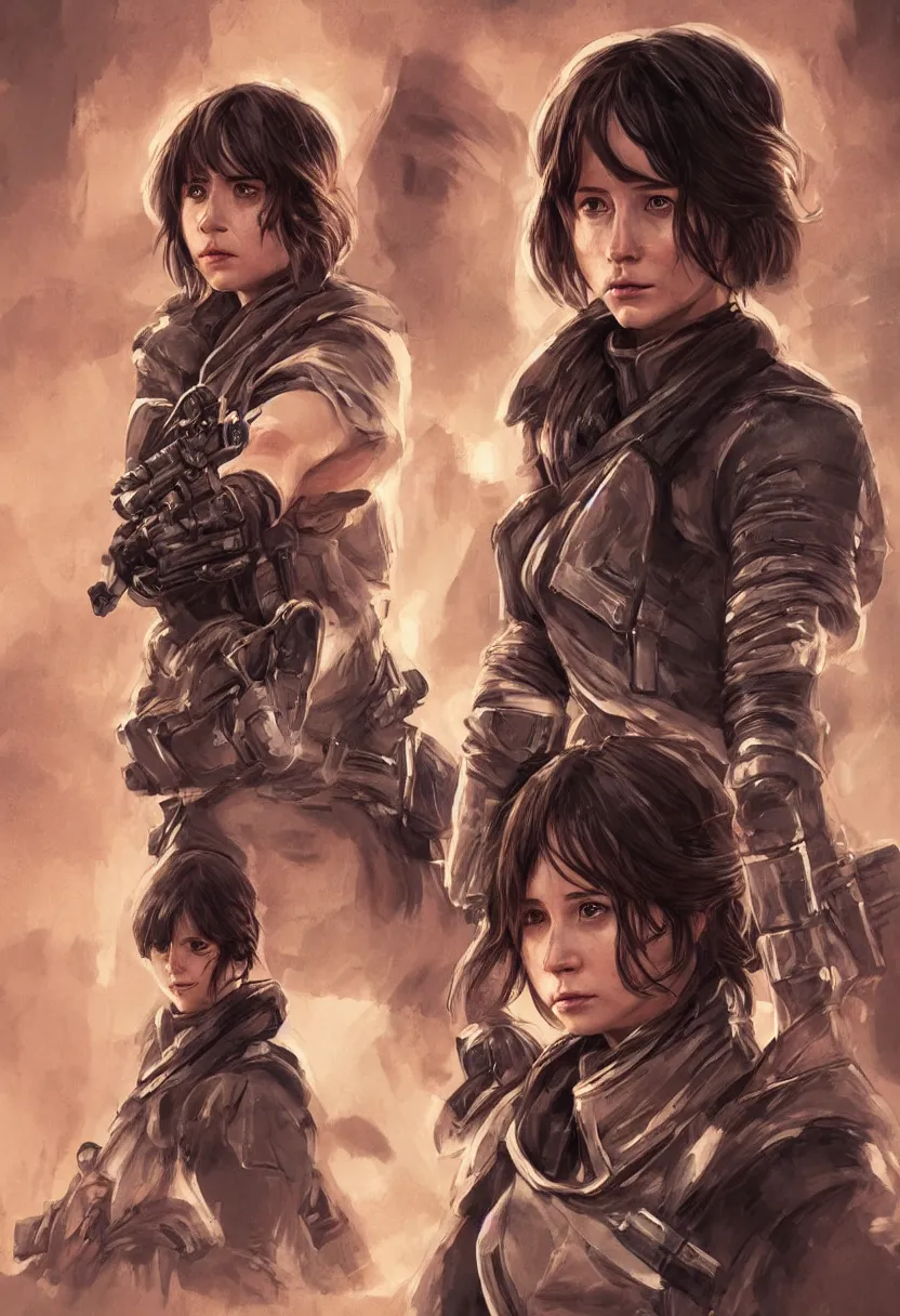 Prompt: movie poster of gorgeous jyn erso in sheer samurai armor, by calum alexander watt, portrait, profile posing, perfect anatomy, character portrait, full body, hyper photorealistic, insane detail, digital photography, artstation, concept art