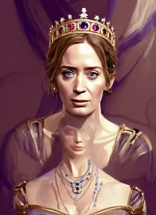 Image similar to portrait of emily blunt as queen, jewelry, greek, sapphire, victorian age, 1 8 9 0, intricate, headshot, key visual, conceptart, ambient lighting, highly detailed, digital painting, artstation, concept art, sharp focus, by makoto shinkai and akihiko yoshida and greg manchess