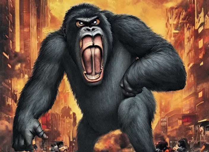 Prompt: An king Kong rage on street