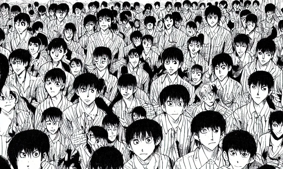 Prompt: a manga drawing of a group of people forming a cave with their bodies by Junji Ito