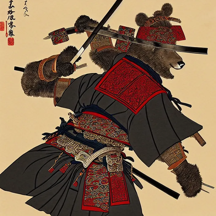 Prompt: anthropomorphic samurai bear, fantasy, intricate, highly detailed, lifelike, photorealistic, digital painting, artstation, illustration, concept art, smooth, sharp focus, art by kitagawa utamaro and ogata korin and aya takano