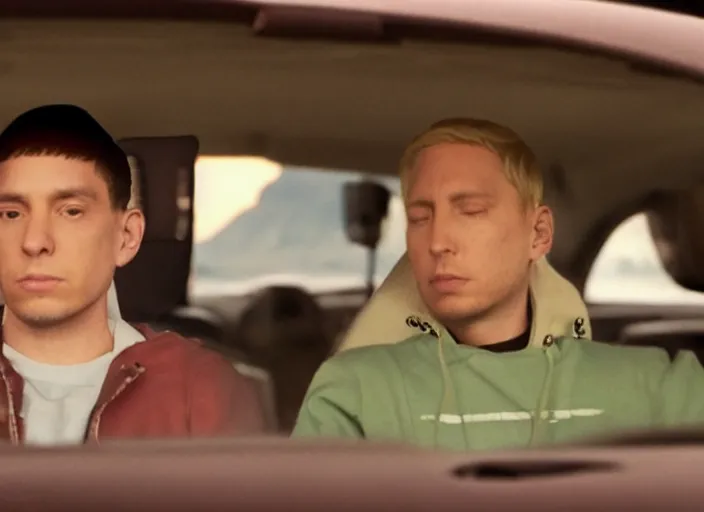 Image similar to a very high resolution image from a new movie, eminem in a car car. inside of a car. alone. mountains, directed by wes anderson