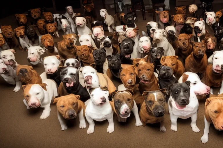 Image similar to a living room full of pit bulls that are facing directly into the camera